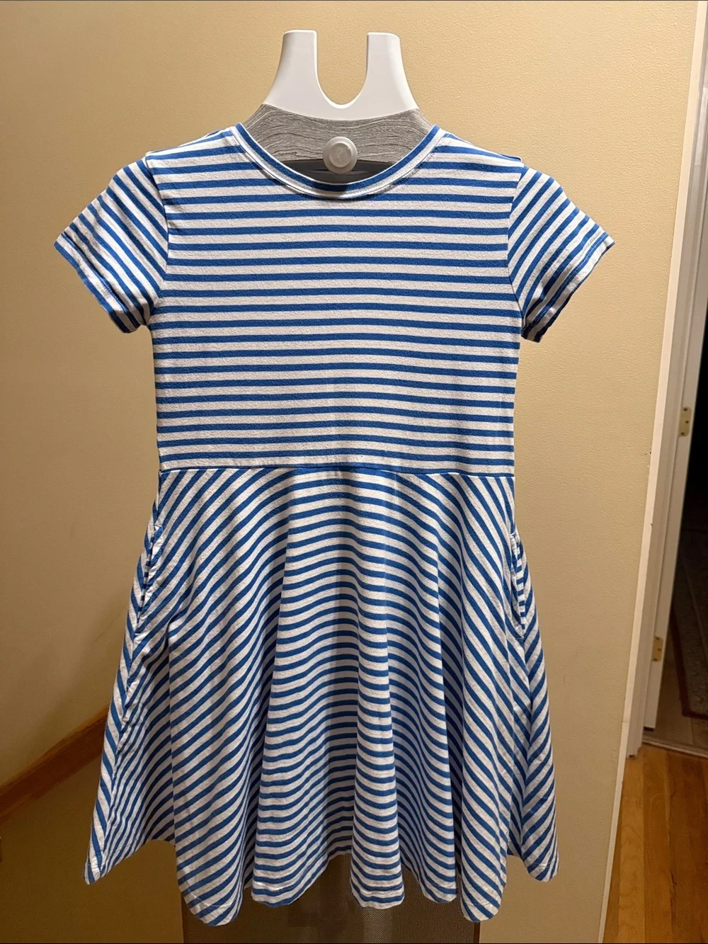 Primary Blue and White Striped Short-Sleeve Knit Dress - Picture 1 of 4